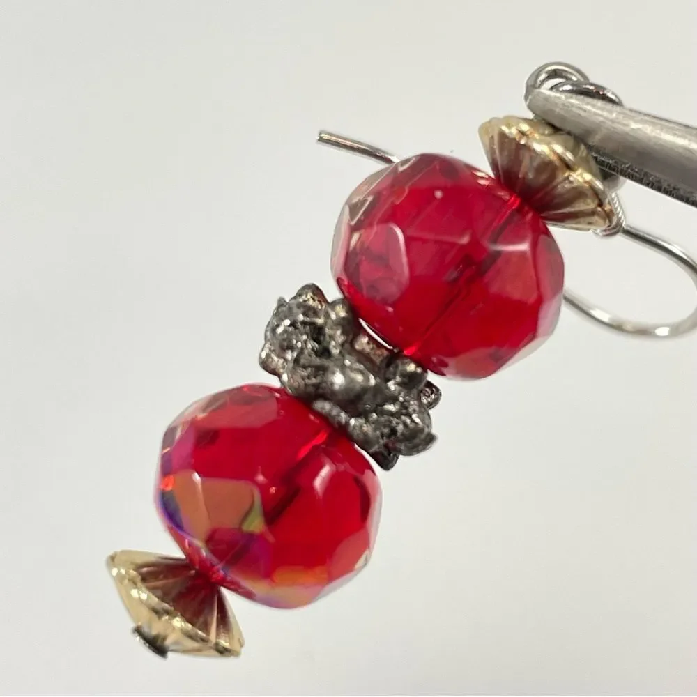 Red Glass Beaded Dangle Earrings 2” Faceted Silver Tone Elegant Sparkle